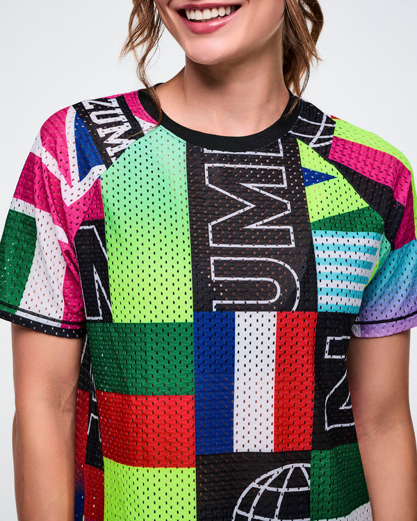 Close-up view of a female model wearing a colorful mesh crew neck top.