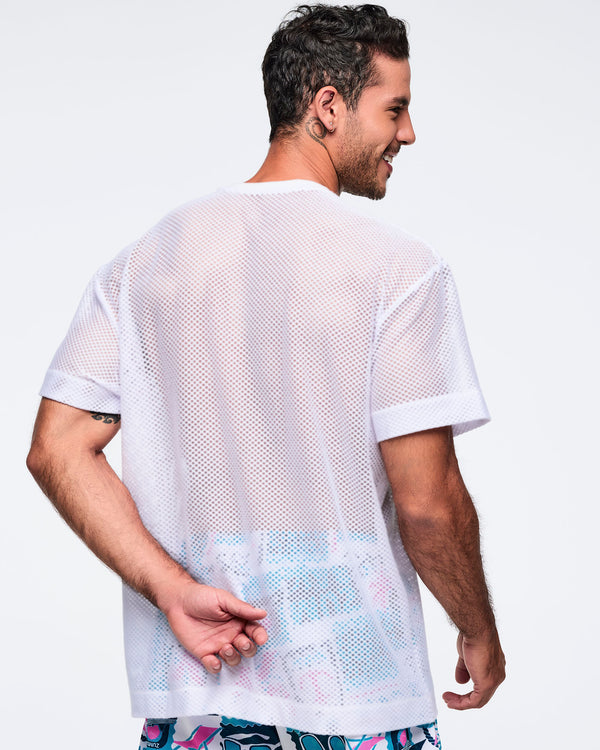 Back view of a white oversized short-sleeve crewneck top with a plain back and breathable mesh fabric; shown on a male model wearing printed shorts.