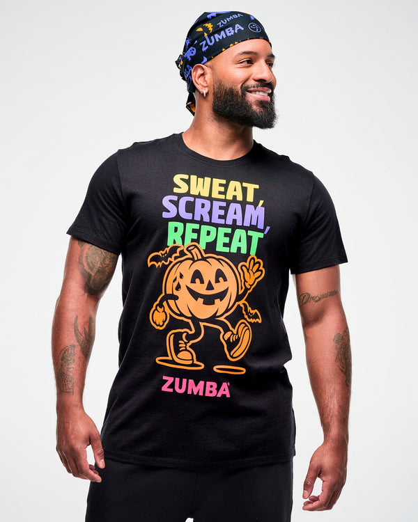 Male model wearing a black and purple Halloween bandana as a headwrap with a black
