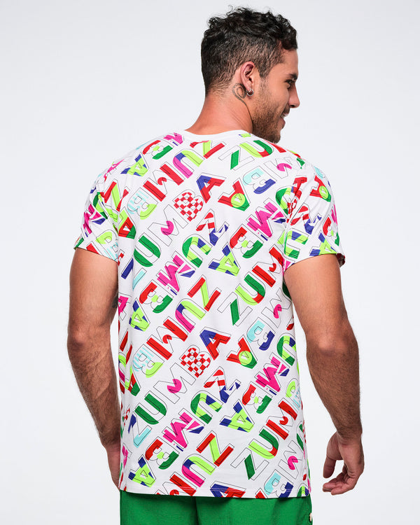 Back view of male model wearing a colorful patterned t-shirt on a white background.