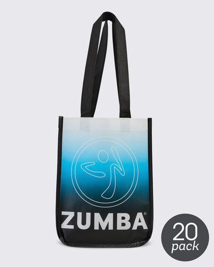 20 pack bag - Front of the black reusable tote, with the white-to-light-blue-to-black gradient panel, the outline Zumbito, and 'ZUMBA' text near the base. 20 pack round sticker in grey in the lower right corner.