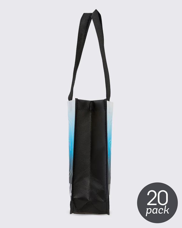20 pack bag - Side view of the black reusable tote with the white-to-blue gradient front, showing the solid black side gusset and a black woven handle looped above. 20 pack round sticker in grey in the lower right corner.