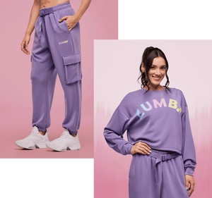 Collage of a lavender Zumba set showing cargo joggers with side pocket and logo detail, plus model wearing matching cropped sweatshirt on pink backdrop.