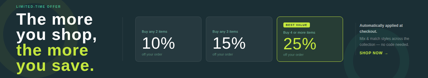 Promotional banner with shopping discount percentages on a dark background.
