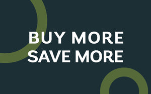 Buy more, save more white text on a green patterned background.