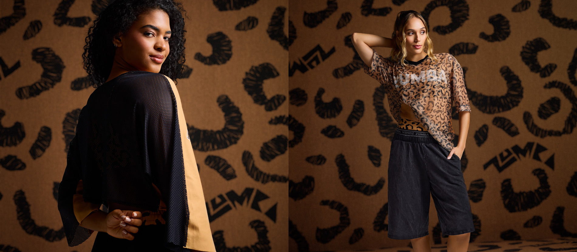 Female models on a split image banner. The one on the left is wearing a mesh backed Zumba french terry top. The one on the right is wearing a cheetah mesh top with black shorts all against a cheetah background.