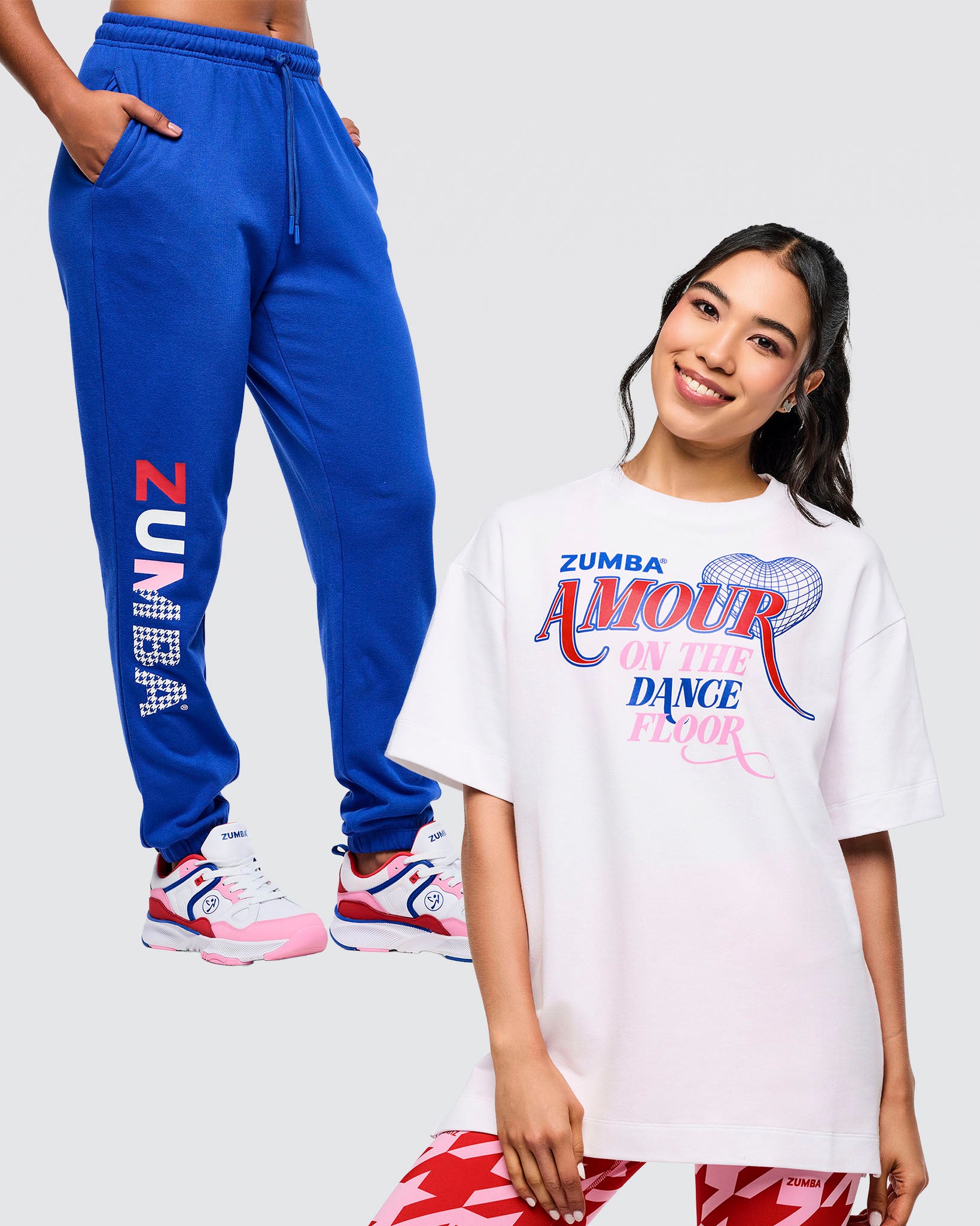 Bundle image of a female model wearing a Zumba outfit - x1 blue pants and x1 white t-shirt with colorful text.