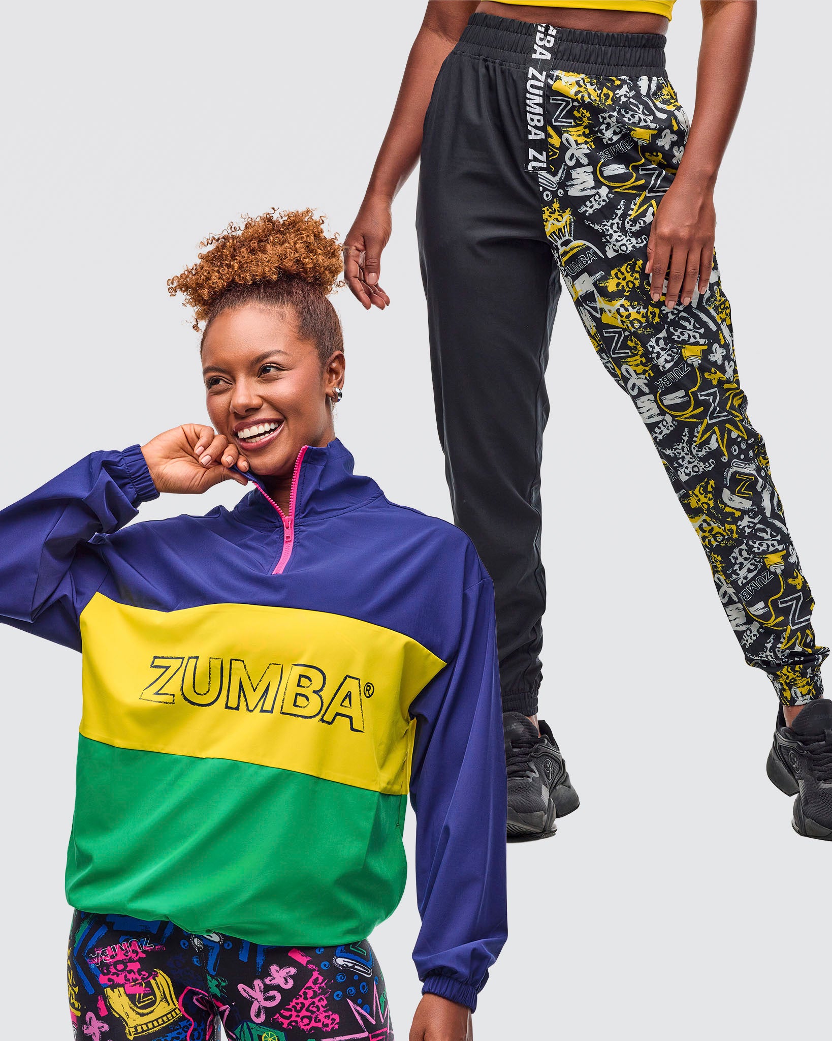 Bundle image of a female model wearing a colorful blue, yellow and green striped jacket, bundled with black and yellow patterned pants.