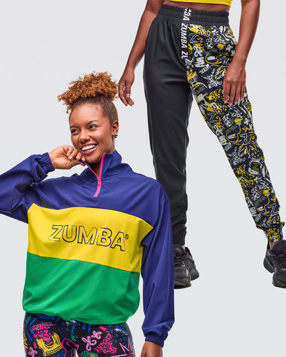 Bundle image of a female model wearing a colorful blue, yellow and green striped jacket, bundled with black and yellow patterned pants.