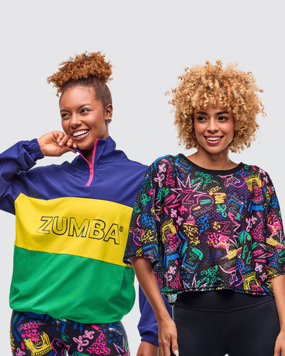 A bundle image of two female models wearing colorful Zumba clothing against a plain background.
