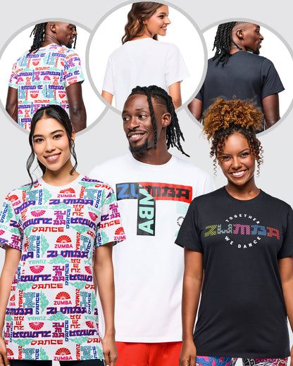 Bundle image of two female models and one male model wearing three different Zumba branded t-shirts with various designs.