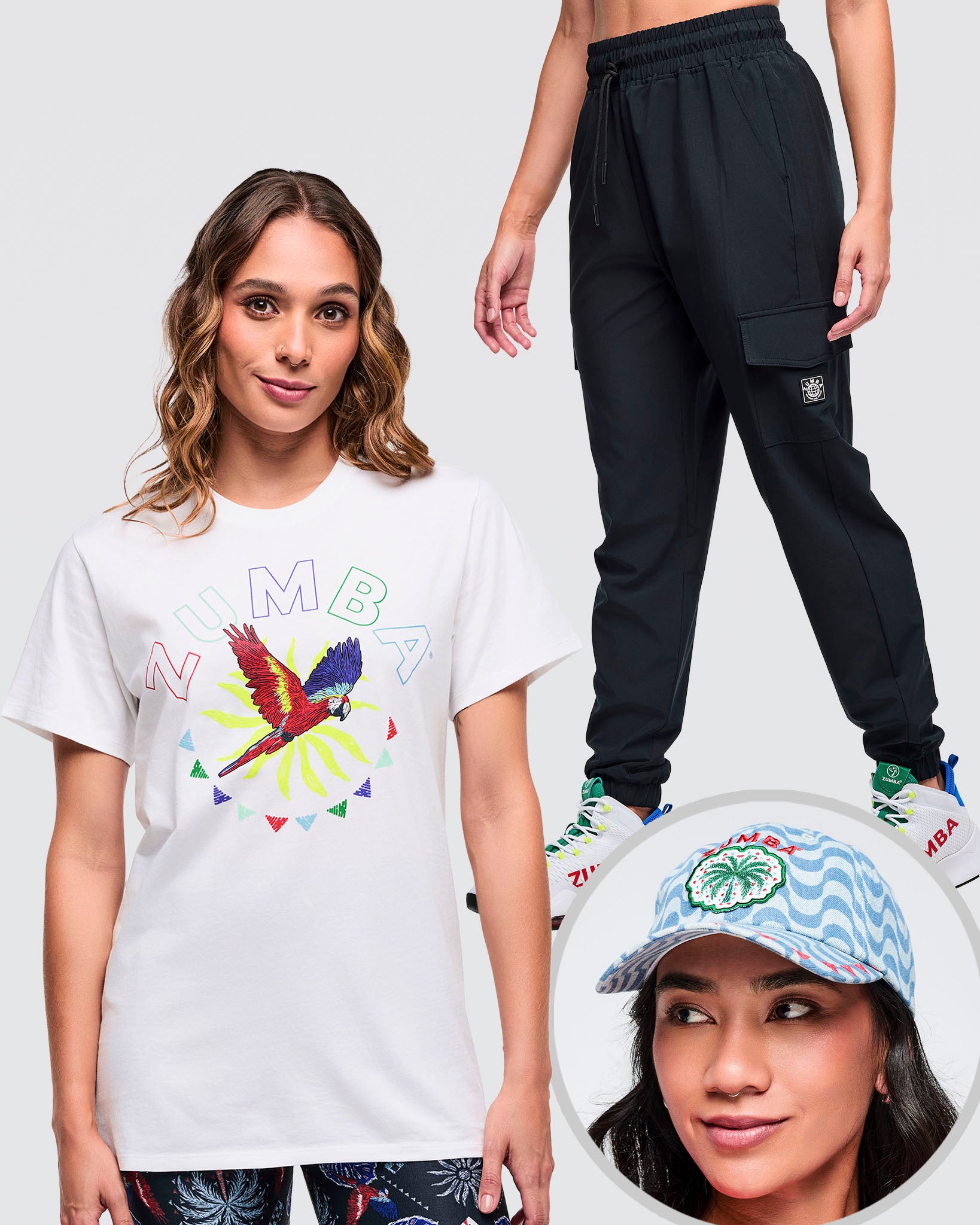 Bundle image showing female models wearing x1 white t-shirt with colorful design, x1 black pants, and a x1 cap wave print hat with Zumba in red and a palm tree in a circle.