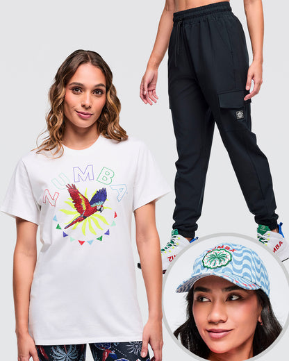 Bundle image showing female models wearing x1 white t-shirt with colorful design, x1 black pants, and a x1 cap wave print hat with Zumba in red and a palm tree in a circle.
