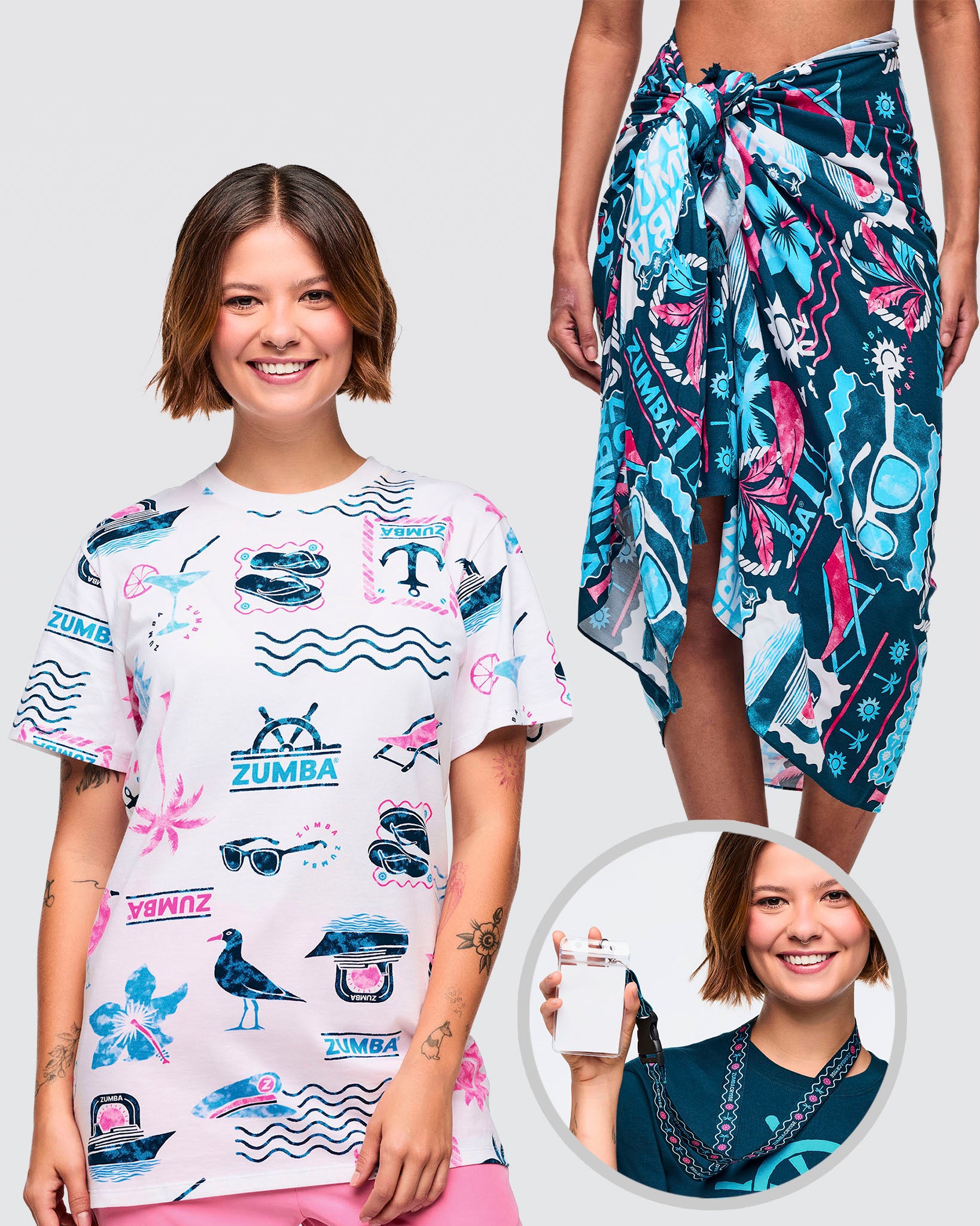 Bundle image of Zumba x3 cruise products with smiling female model in x1 printed tee, x1 tropical sarong and x1 cruise lanyard holder.
