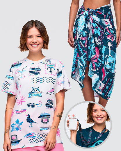 Bundle image of Zumba x3 cruise products with smiling female model in x1 printed tee, x1 tropical sarong and x1 cruise lanyard holder.
