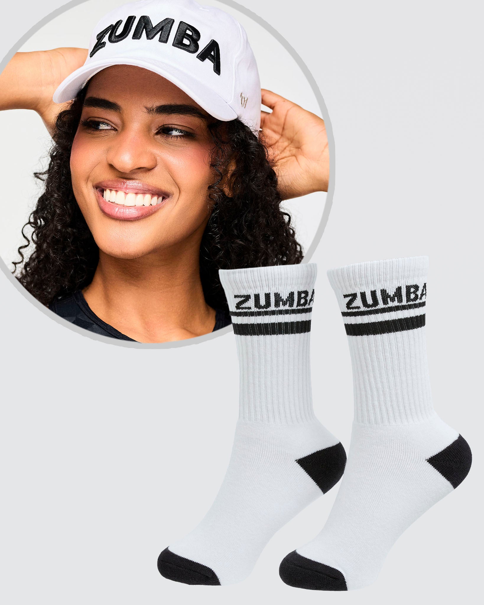Bundle image of a female model wearing a x1 Zumba hat with x1 pair of Zumba socks.