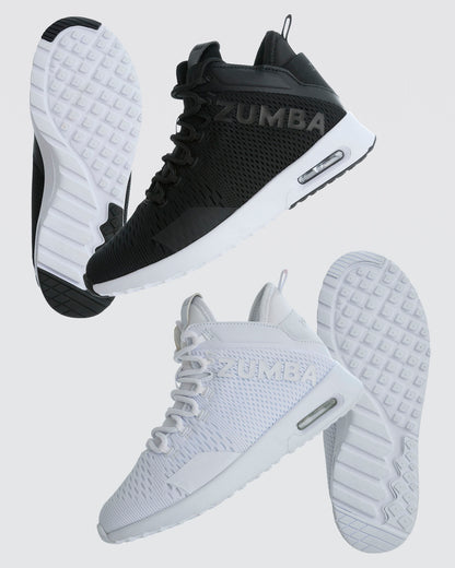 A bundle image of black and white Zumba sneakers on a light gray background.