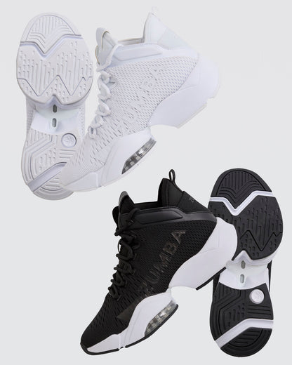 A bundle image of white and black athletic shoes with "Zumba" written on the sides in matching colors.