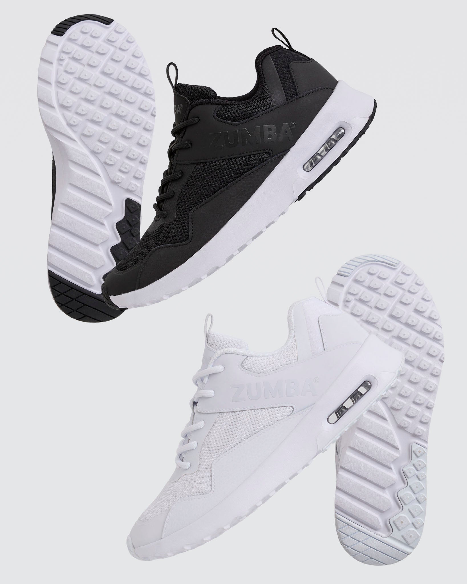 A bundle image of Zumba Air Classic 2.0 black and white sneakers.