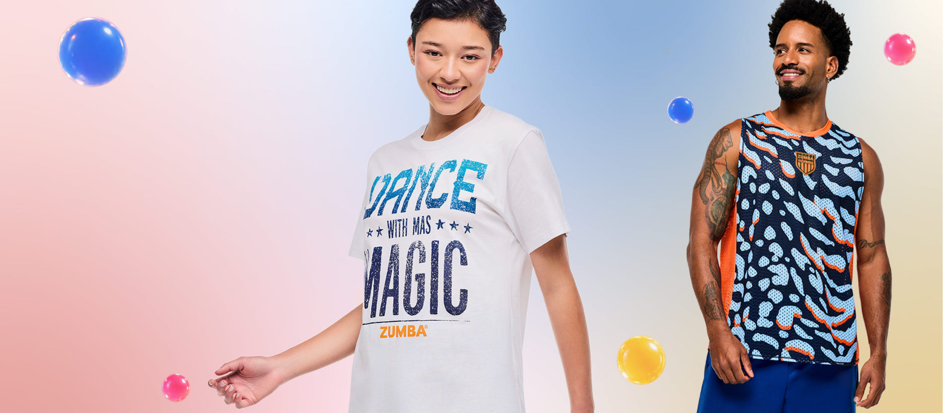 Banner image of female and male models in a white Zumba tee and patterned tank on a pastel background with bubbles.