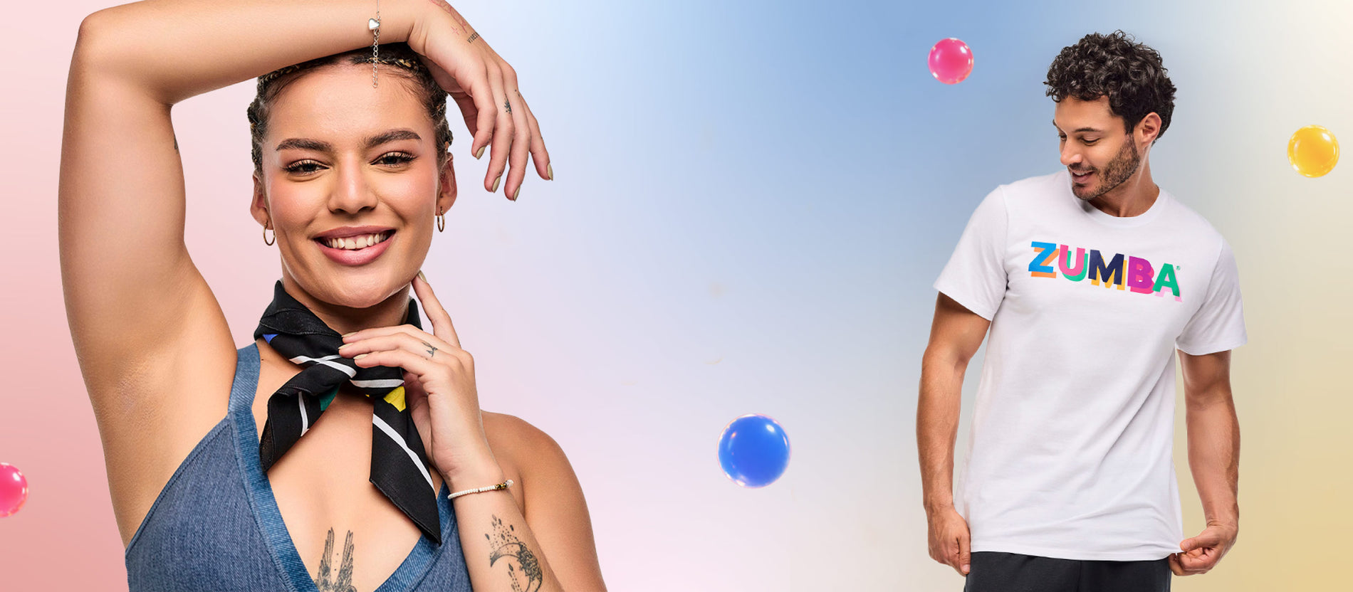 Banner image of a female model in a blue top with a black bandana worn like a scarf and a male model in a white Zumba tee on a pastel background with decorative bubbles.