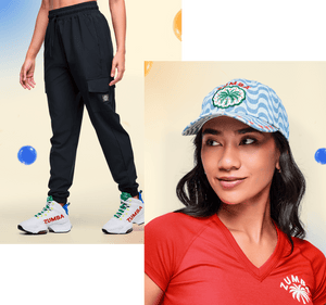 Banner image of black cargo joggers, a blue patterned cap on a soft cream background.