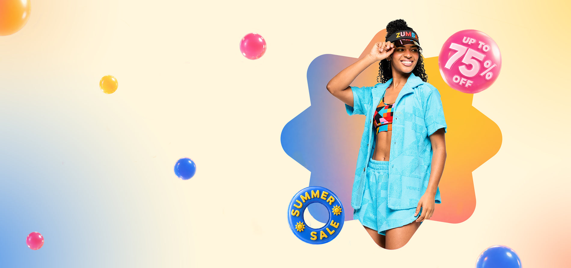 Banner image of a female model in a turquoise outfit, geometric print bra, and Zumba visor on a pastel background with summer sale up to 75% off graphics.