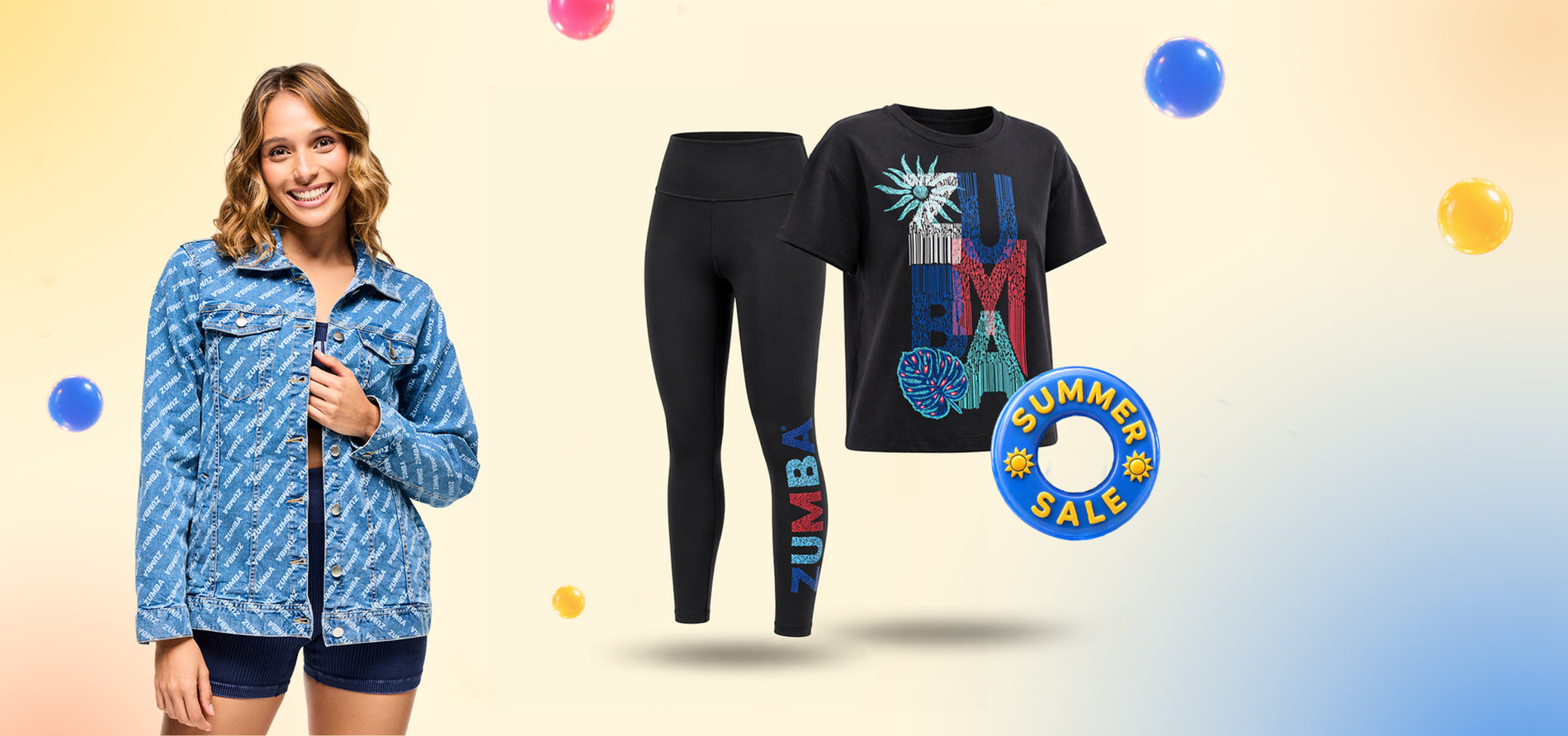 Banner image of a female model in a blue denim jacket and blue shorts along with a still image of a black Zumba top and matching Zumba leggings with a summer sale sticker on a soft gradient background.