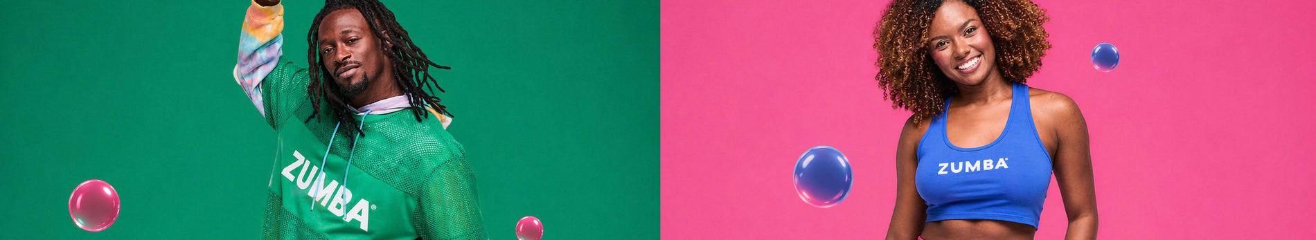 Two Zumba models 1 male with a green background and green mesh top and the female model in a blue crop top, both with Zumba in white across the chest against a pink background.
