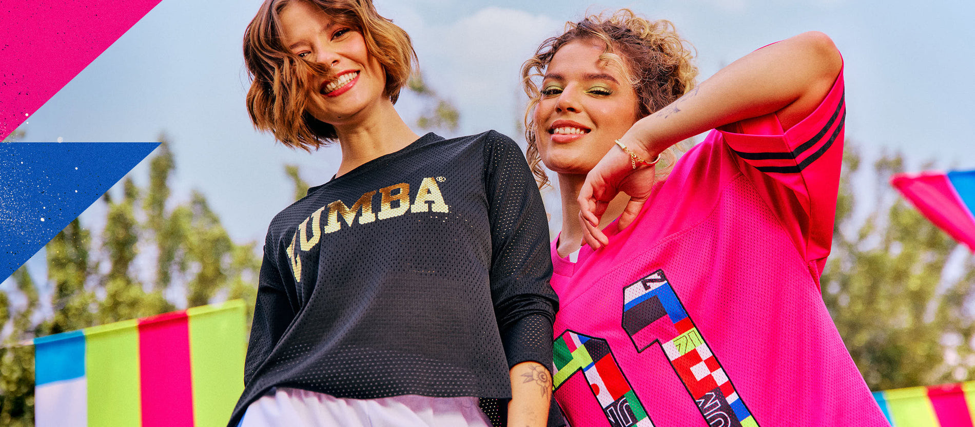 Large banner with blue and pink triangle accents shows two female models in mesh jerseys—black “Zumba” and neon pink 01—smiling with flags behind.