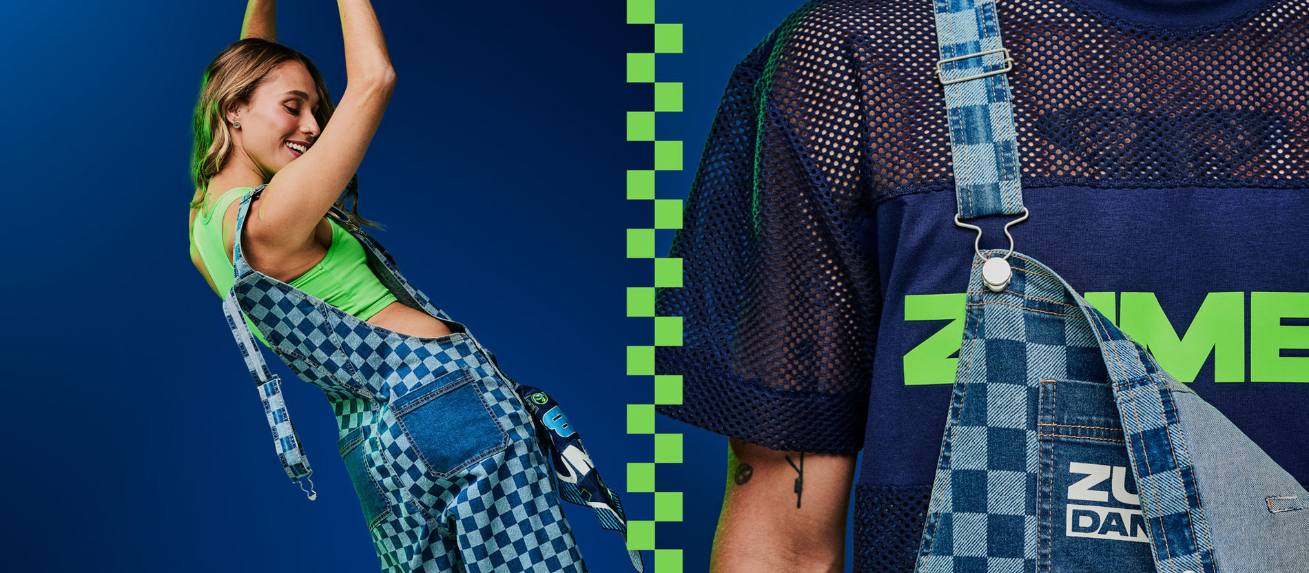 Split banner: female in neon green crop top and blue checkered denim overalls; male in navy mesh Zumba top and denim overalls.