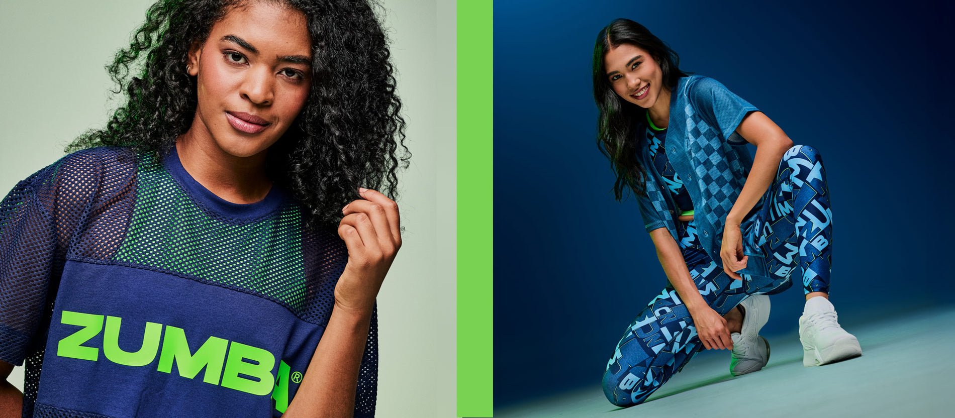 Split banner: female model in a navy mesh Zumba top with neon green 