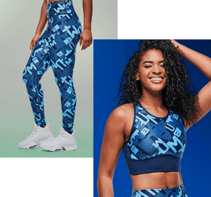 Split banner: left, female model in blue graphic leggings with white sneakers; right, the same model in a matching blue sports bra, on green and blue backgrounds.