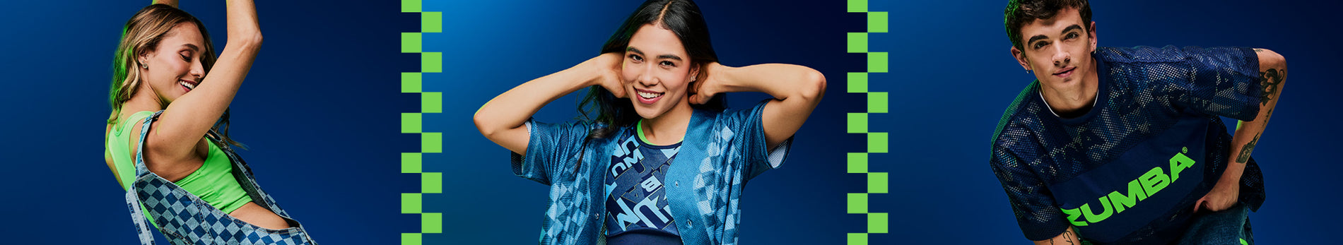 Banner of three models in split views. Female model 1 on the left is wearing a green tank and denim overalls. Female model in the middle, is wearing matching Zumba patterned bra and button-up. Male model on the right is wearing a blue mesh Zumba top.