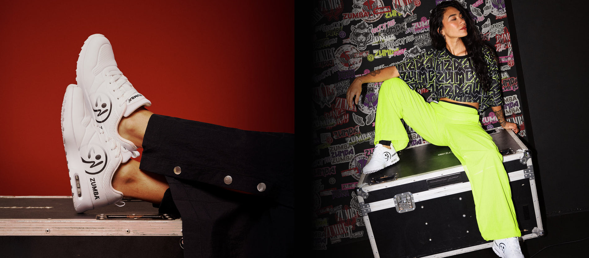 Banner featuring on the left, white Zumba sneakers. And on the right, a female model in Zumba green pants, and a matching black and Zumba green crop top paired with white sneakers against a wall filled with Zumba rock emblems.