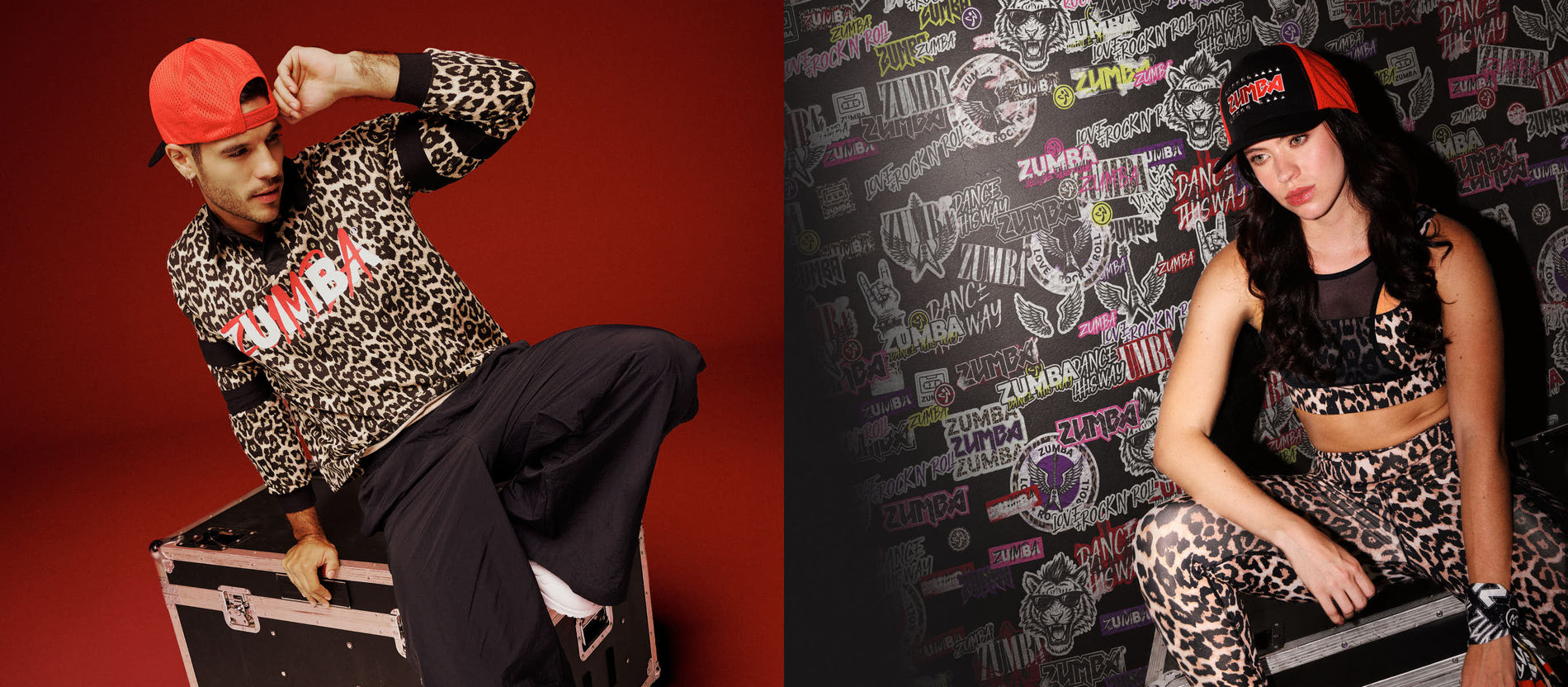 Banner featuring a male model on the left in leopard-print Zumba activewear against a red backdrop and a female model on the right in matching leopard-print Zumba activewear, set against a background full of Zumba rock emblems.