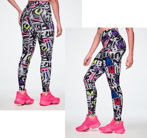 Banner of a front and back view of multicolor Zumba leggings paired with pink shoes. 