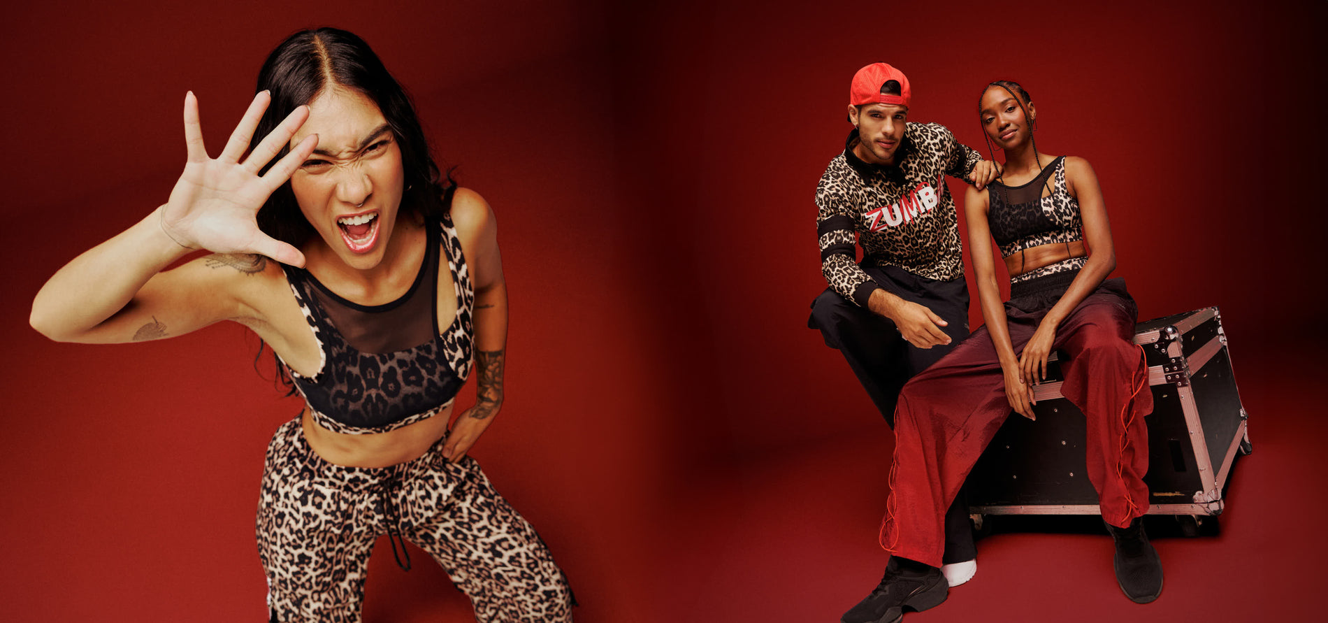A dynamic ZUMBA campaign featuring three models in leopard-print activewear and red gradient pants against a bold red background.