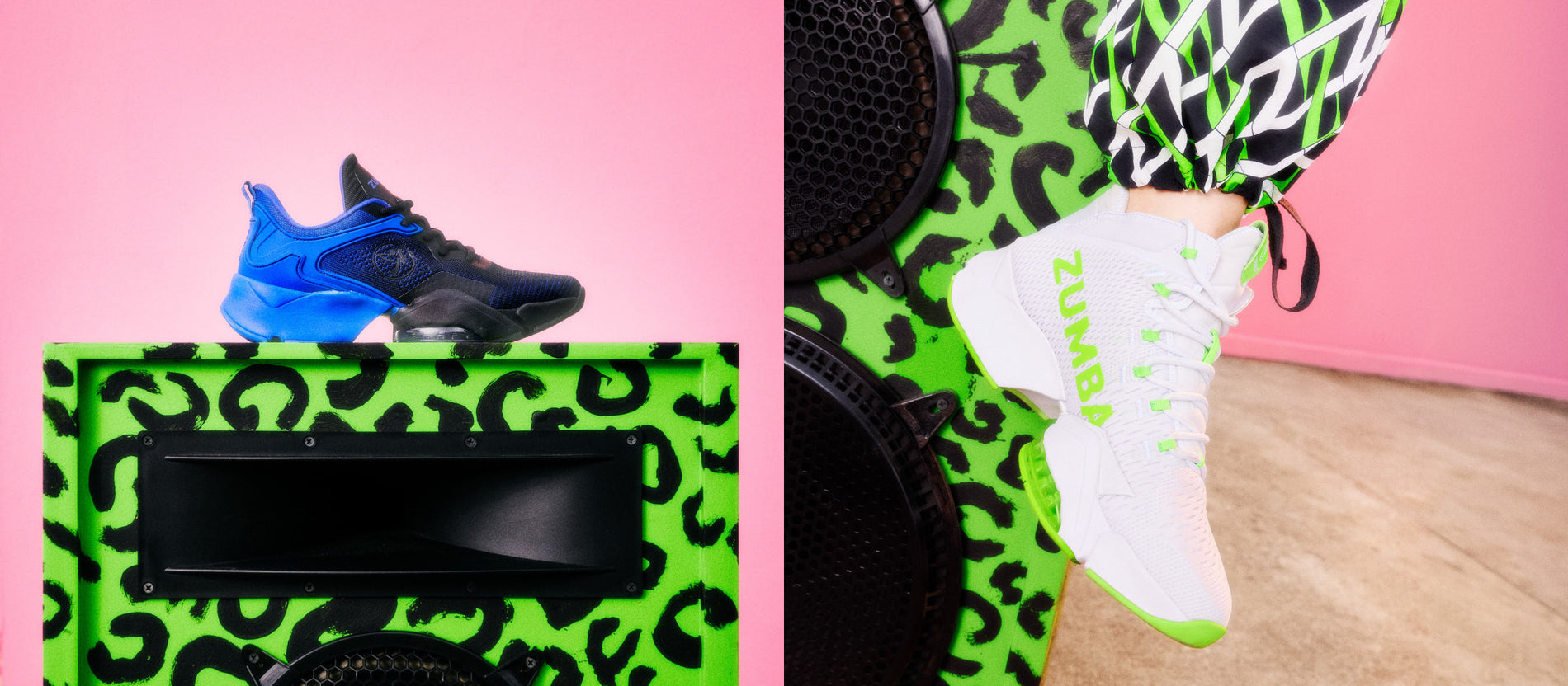 Side-by-side product shots: blue-and-black Zumba sneaker on a green leopard speaker against a pink wall, and a white-and-neon green Zumba high-top worn on the speaker.