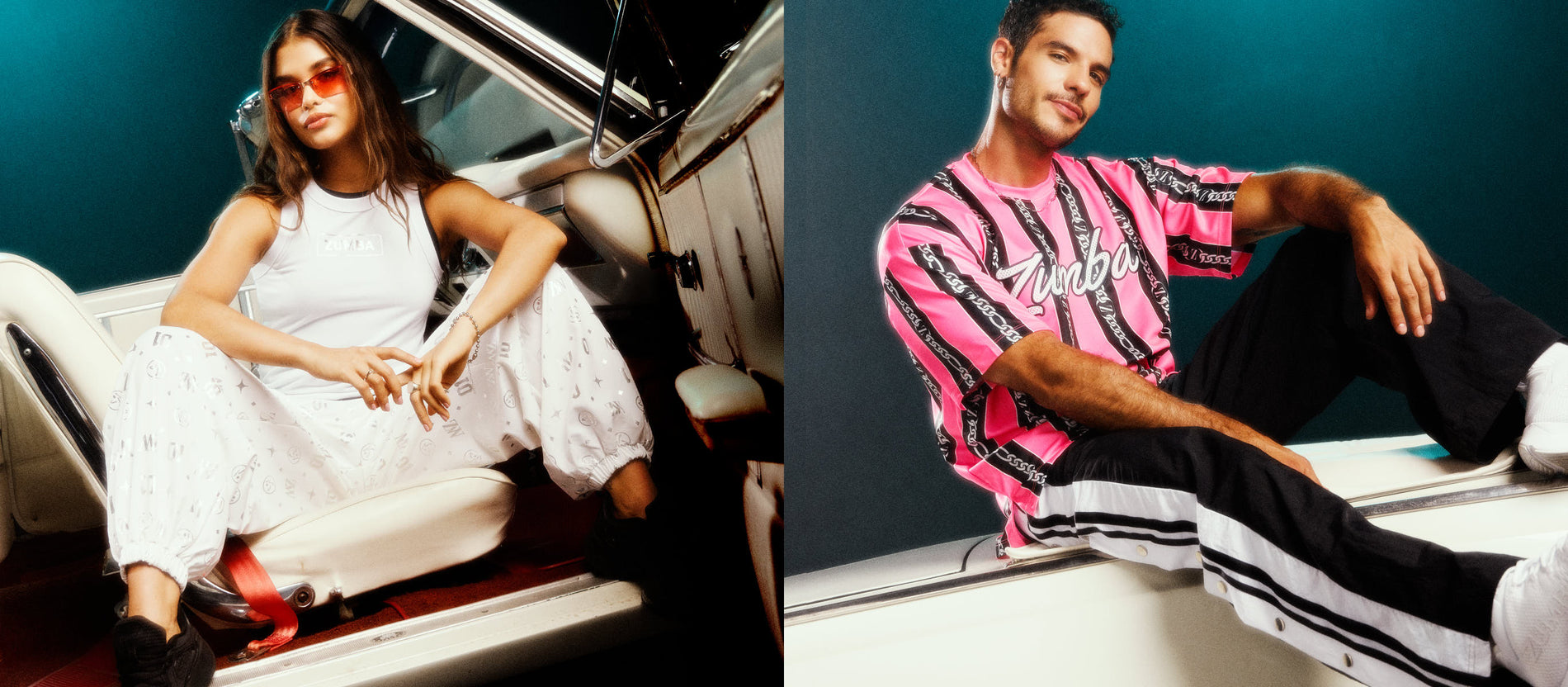 Split banner: left shows a female model in a white tank and white and silver printed pants in a convertible; right shows a male model in a pink chain‑stripe Zumba jersey and black‑white snap‑track pants seated on the car.