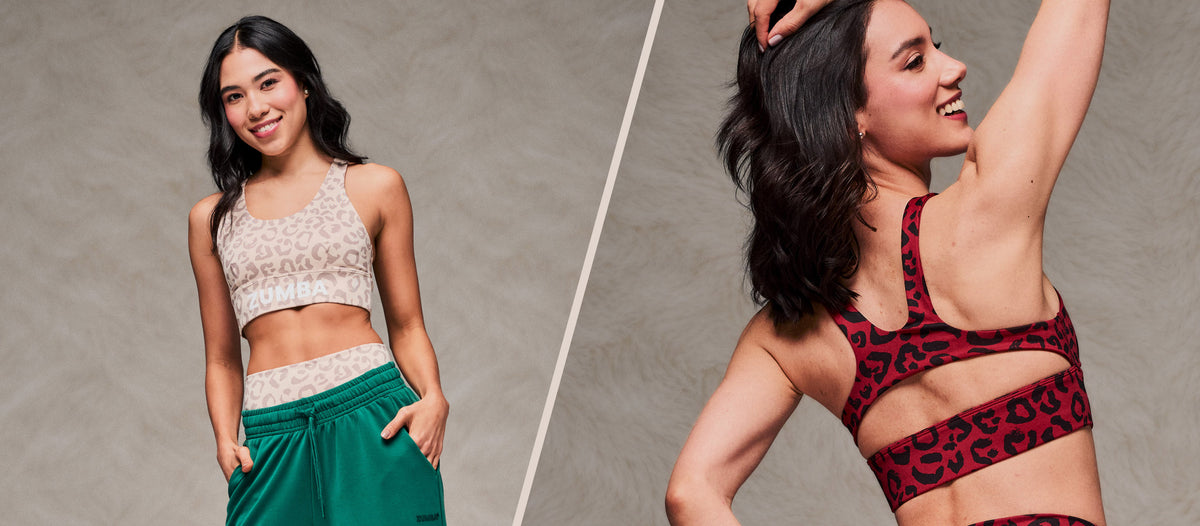 Two-panel banner divided by a diagonal cream line, both sides against a taupe faux fur backdrop. On the left, a female model stands with her hands in the pockets of teal green pants, wearing a beige leopard print bra. On the right, a female model is shown from the back with one arm raised, revealing the keyhole cutout on a dark red leopard print racerback bra.