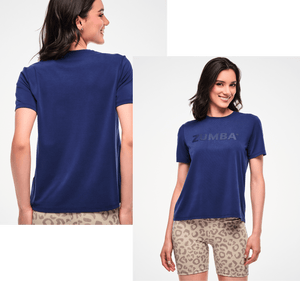 Two overlapping photos of a female model. Top left photo, back view of navy short-sleeve top and the lower right shows front view of navy top paired with beige leopard print biker shorts.