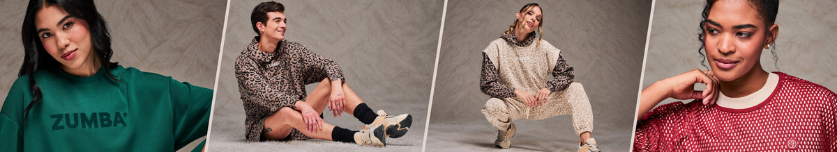 Four-panel banner separated by diagonal cream lines, against a faux fur backdrop. A close-up of a female model in a teal drop crop top; a seated male model in a brown leopard hooded pullover with matching shorts and beige shoes; a crouching female model in a beige leopard print sleeveless sweatshirt over a brown leopard hoodie with matching beige pants; and a close-up of a female model in a dark red open-hole mesh top.