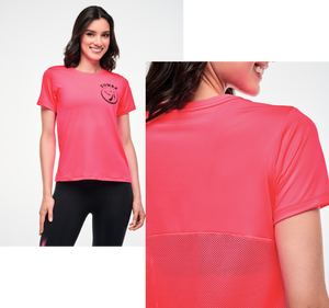 Split image of a female model wearing a pink tee with a black Zumbito logo paired with black leggings, alongside a close-up of the tee's mesh back panel.