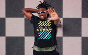 Male model looking cool with sunglasses and a talk to the hand gesture, set against a black and white checkerboard background, wearing a black tee with yellow and aqua lightning bolt graphics and a mesh dot-print hem.