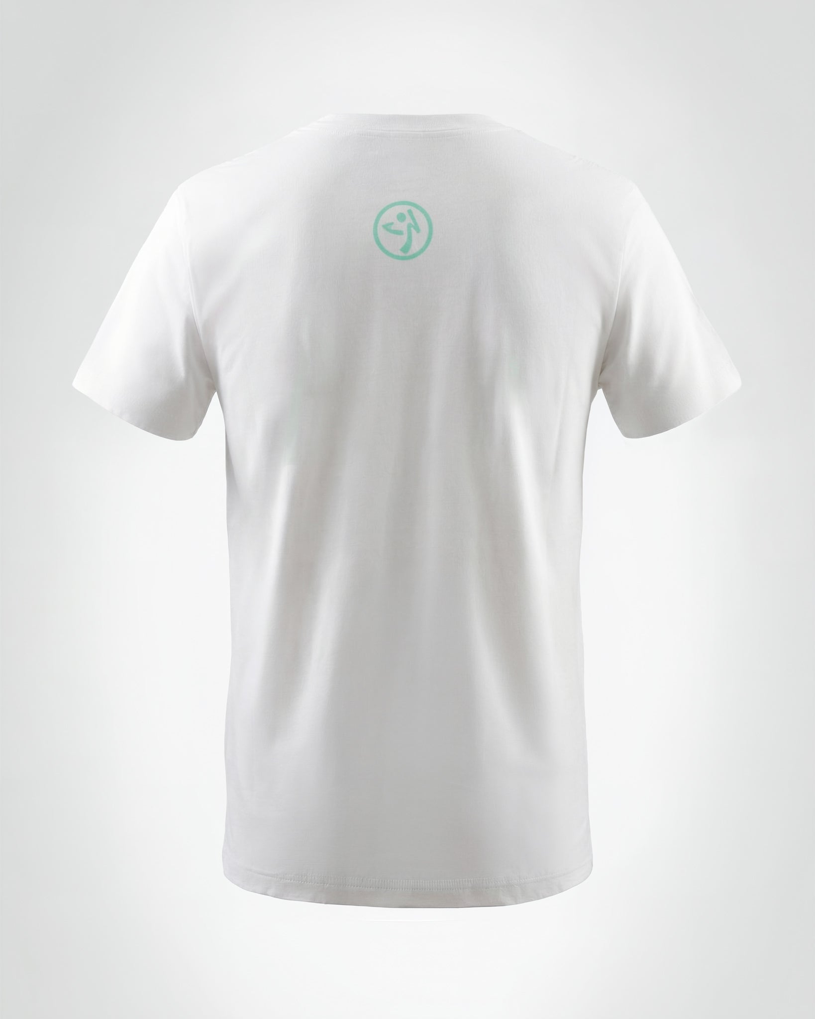 White short-sleeve Zumba T-shirt shown from the back with a small aqua Zumba logo centered below the neckline. Crewneck tee displayed on a plain light gray background.
