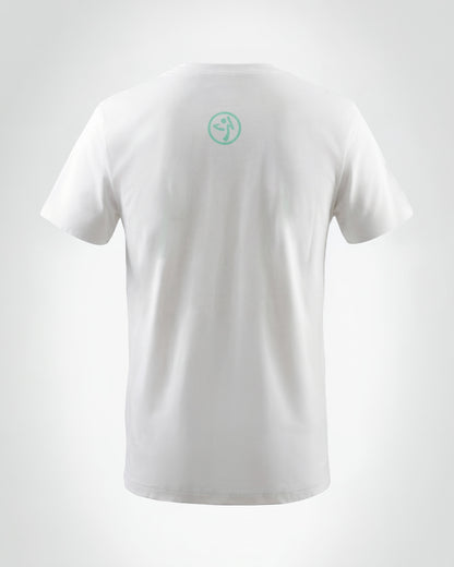 White short-sleeve Zumba T-shirt shown from the back with a small aqua Zumba logo centered below the neckline. Crewneck tee displayed on a plain light gray background.