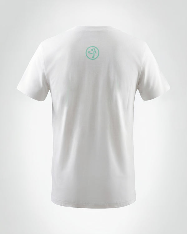 White short-sleeve Zumba T-shirt shown from the back with a small aqua Zumba logo centered below the neckline. Crewneck tee displayed on a plain light gray background.