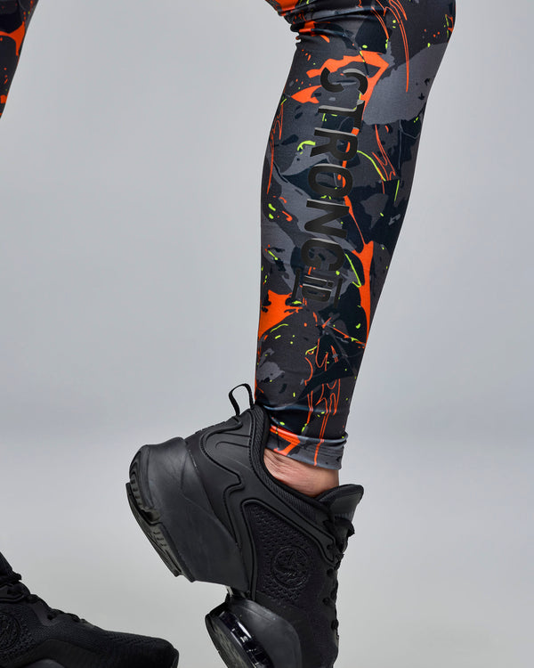 STRONG iD High Waisted Ankle Leggings - Black/Orange