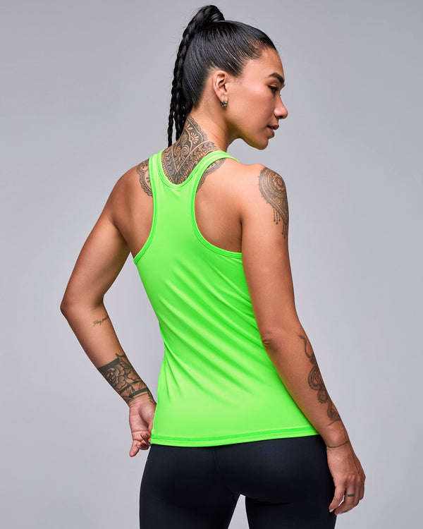 Back view of the neon green 'STRONG iD' fitted high neck tank, showing the racerback and close fit to the waist.